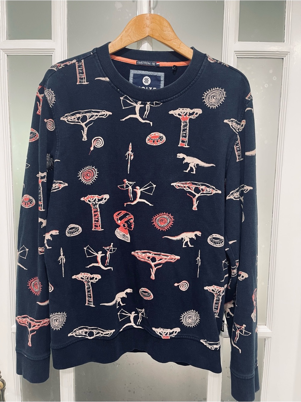 Noize Navy Crewneck Sweater with Pink and Cream Tribal Print